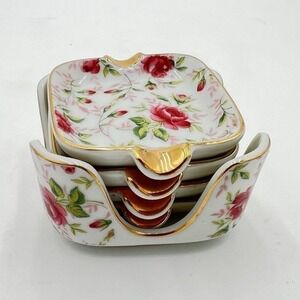 Lefton Hand Painted Floral Square Porcelain Candy Dish Set, 666 R